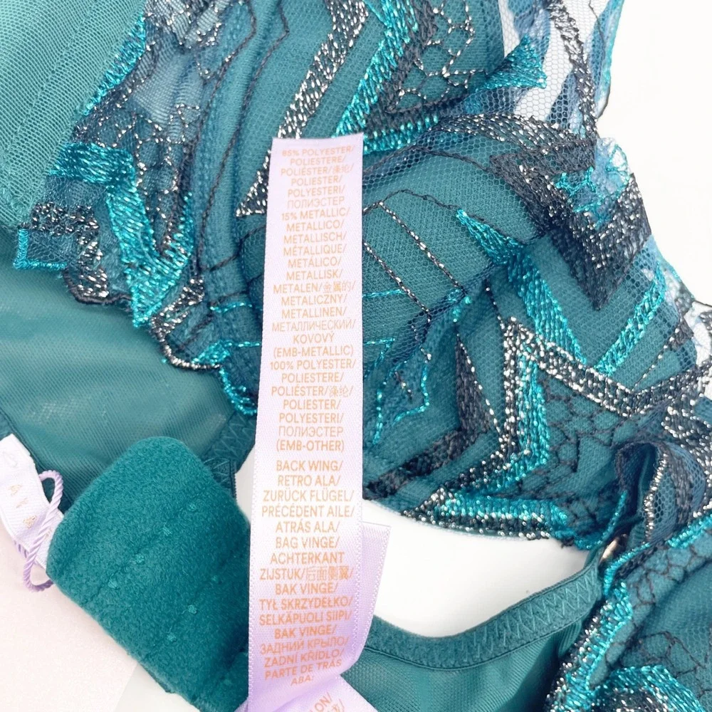 Savage X Fenty Green Metallic Zigzag Mesh Lingerie‎ Underwire Bra Size 36B